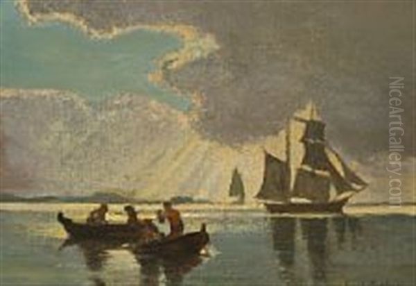 A Marine With A Brigantine In An Inlet Oil Painting by Carl Ludvig Thilson Locher