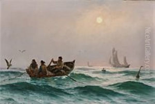 Fishermen In A Rowing Boat At Sea Oil Painting by Carl Ludvig Thilson Locher