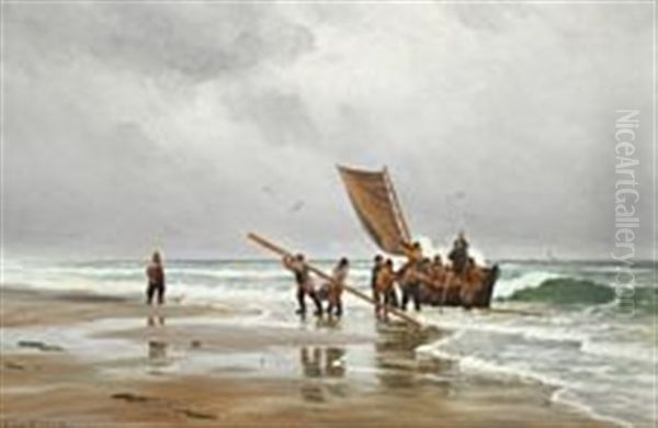 Lifeboat On The Beach Oil Painting by Carl Ludvig Thilson Locher