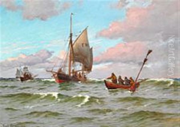 Fishing Boats At Sea Oil Painting by Carl Ludvig Thilson Locher