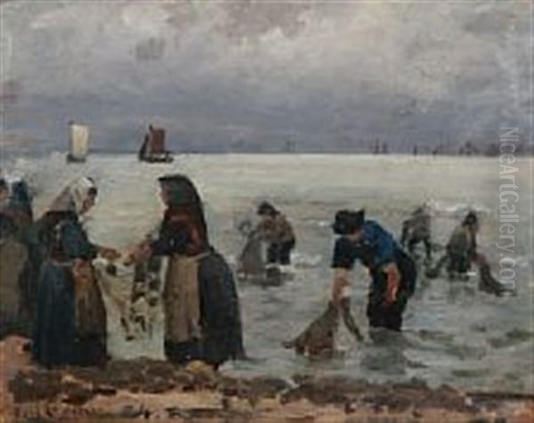 Fishermen Are Putting Their Nets In Order Oil Painting by Carl Ludvig Thilson Locher