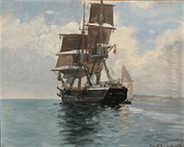 A Sailing Ship Off The Coast Oil Painting by Carl Ludvig Thilson Locher