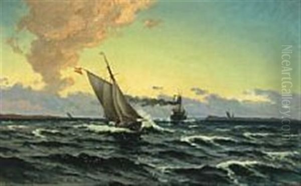 Seascape With Ships At Sea Oil Painting by Carl Ludvig Thilson Locher