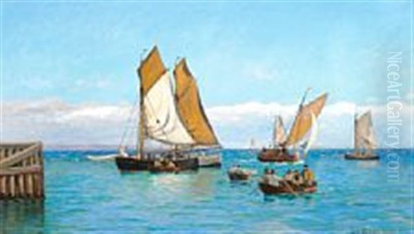 Fishing Boats Off The Pier In Hornbaek, In The Background Kullen Oil Painting by Carl Ludvig Thilson Locher