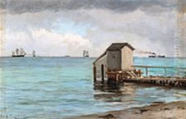 View From A Beach, In The Background The Island Of Hveen, Denmark Oil Painting by Carl Ludvig Thilson Locher