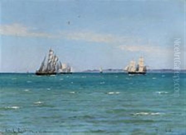 Seascape With Sailing Ships Out Shore Hornbaek Oil Painting by Carl Ludvig Thilson Locher