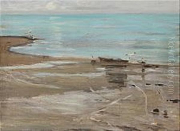 Beach Scene With Seagulls Oil Painting by Carl Ludvig Thilson Locher