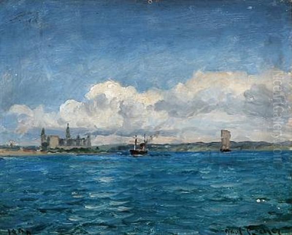 Sailing Ships Out Shore Kronborg Castle Oil Painting by Carl Ludvig Thilson Locher