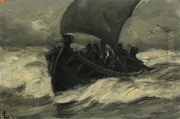 Viking Ship With Fishermen Sailing Through The Surf Oil Painting by Carl Ludvig Thilson Locher