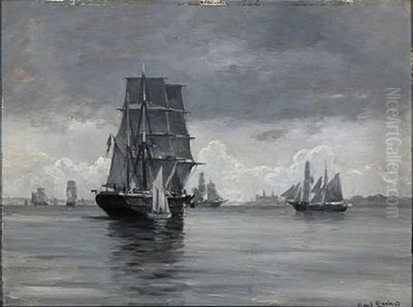 Seascape With Numerous Sailing Ships Off Kronborg Oil Painting by Carl Ludvig Thilson Locher