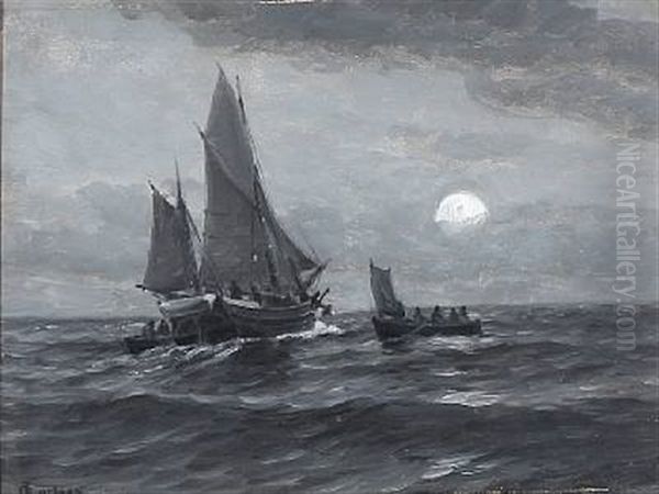 Seascape In Moonlight Oil Painting by Carl Ludvig Thilson Locher