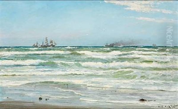 Summer Day At Skagen With Numerous Ships On The Sea Oil Painting by Carl Ludvig Thilson Locher