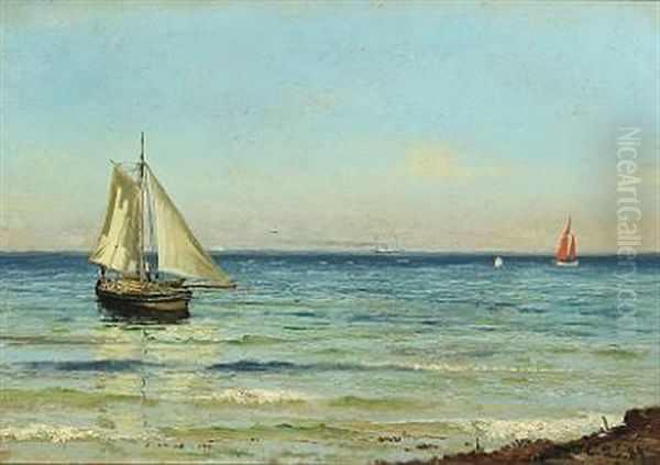 Boats At Sea A Sunny Summer's Day Oil Painting by Carl Ludvig Thilson Locher