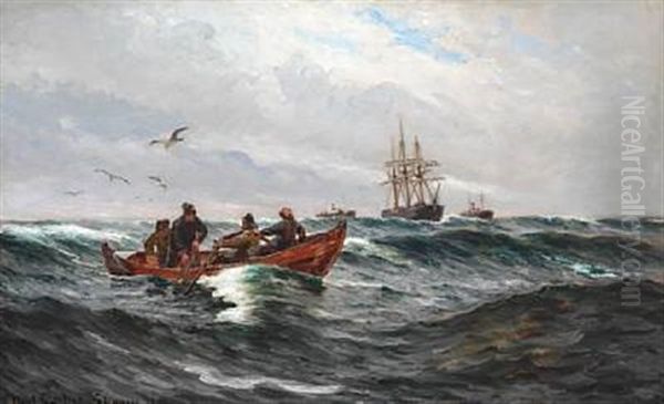 Fishermen In Their Rowing Boat At Sea Oil Painting by Carl Ludvig Thilson Locher