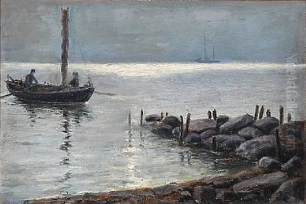 Early Morning With Two Fishermen On The Way Out Oil Painting by Carl Ludvig Thilson Locher