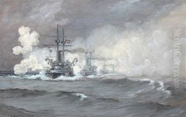 Navy Warships In Convoy Oil Painting by Carl Ludvig Thilson Locher