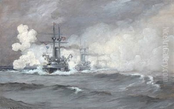 Navy Warships In Convoy Oil Painting by Carl Ludvig Thilson Locher