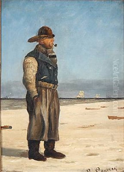 A Fisherman On Skagen Beach Oil Painting by Carl Ludvig Thilson Locher