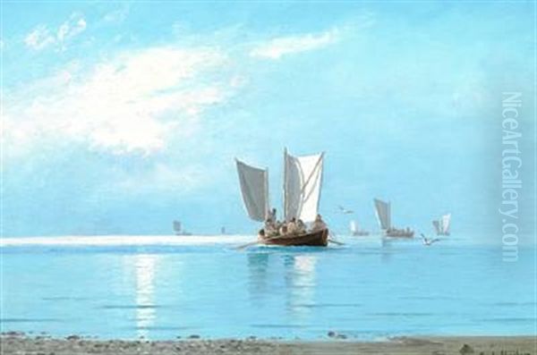 Coastal Scene With Fishermen On Their Way Out To The Sea Oil Painting by Carl Ludvig Thilson Locher