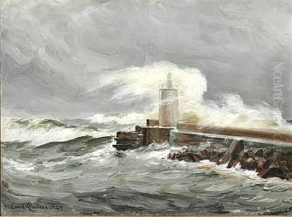 Havnemolen. Sonden Storm. Skagen Oil Painting by Carl Ludvig Thilson Locher