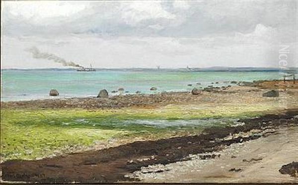 Beach Scene, Nordsjaelland, In The Background The Coast Of Sweden Oil Painting by Carl Ludvig Thilson Locher