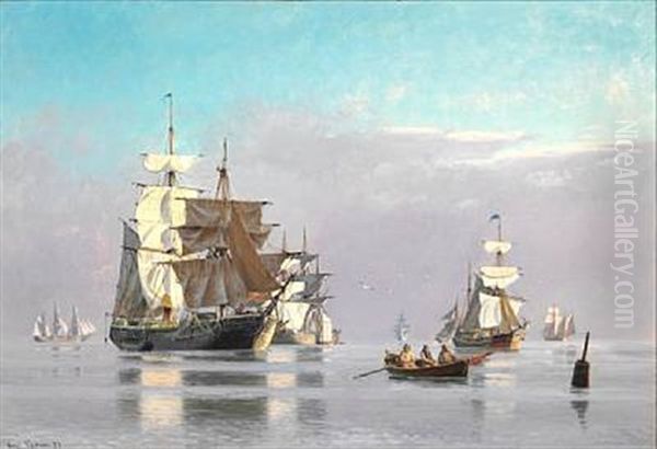 Calm Day On The Sea With Several Ships At Anchor Oil Painting by Carl Ludvig Thilson Locher