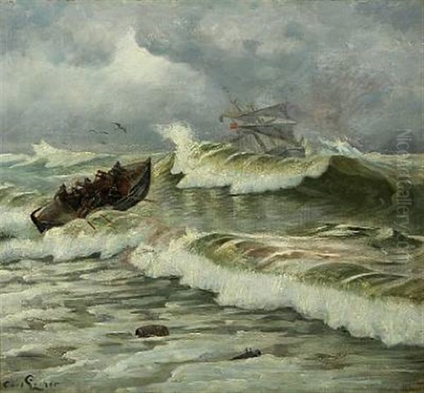 The Lifeboat Goes Out Oil Painting by Carl Ludvig Thilson Locher