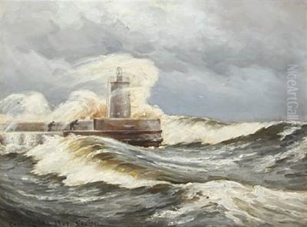 Stormy Day At Skagen With Waves Sweeping Over The Pier Oil Painting by Carl Ludvig Thilson Locher