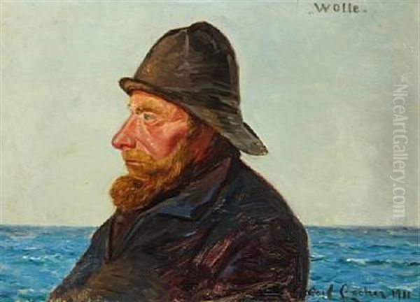 Portrait Of Fisherman Wolle With The Sea In The Background Oil Painting by Carl Ludvig Thilson Locher