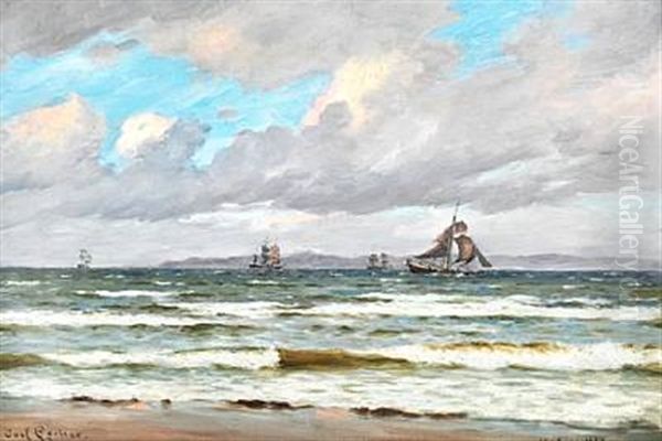 I Sundet Ud For Dronningmollen. Stiv Kuling Af Nordvest; Fiskerbaade Krydse Ud Til Garnene Oil Painting by Carl Ludvig Thilson Locher