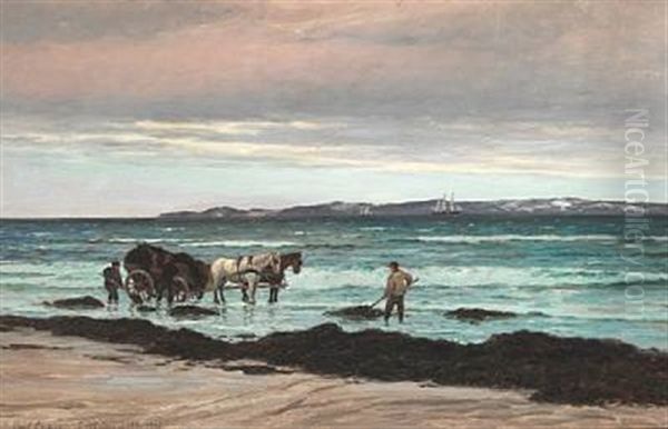 Coastal Scene With Seaweed Collectors, In The Background, Sailing Ships Oil Painting by Carl Ludvig Thilson Locher