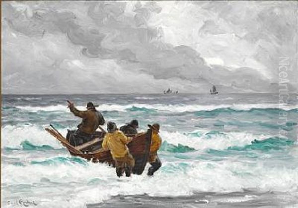 Four Fishermen With Their Boat In High Breakers Off Skagen Oil Painting by Carl Ludvig Thilson Locher