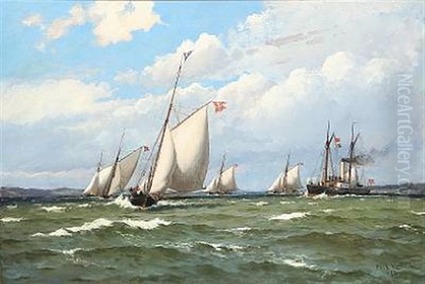 Danske Lystfartojer I Escadre. Frisk Kuling. Udfor Bjorne Knude Oil Painting by Carl Ludvig Thilson Locher