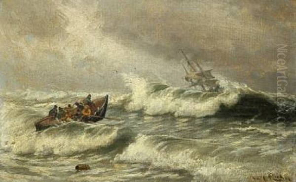 The Lifeboat Is On Its Way Out Into The Rough See To Rescue A Beached Ship Oil Painting by Carl Ludvig Thilson Locher