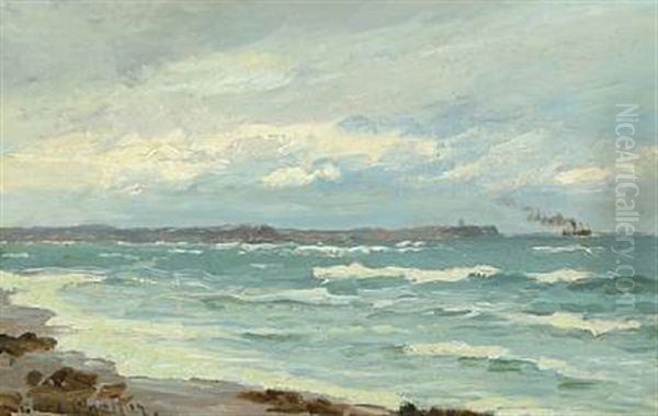 Seascape With Steamship On The Horizon Oil Painting by Carl Ludvig Thilson Locher