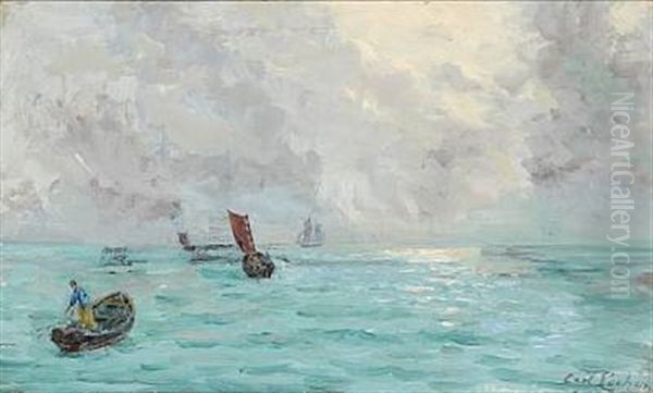 Sailing Ships And Fishermen In A Boat Oil Painting by Carl Ludvig Thilson Locher