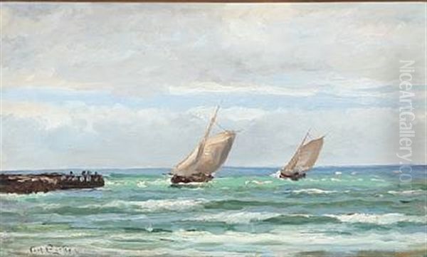 Sailboats At A Pier Oil Painting by Carl Ludvig Thilson Locher