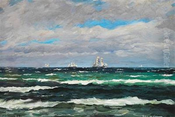 Clear Summer Day With Ships Off Hornbaek, Brisk Wind Oil Painting by Carl Ludvig Thilson Locher