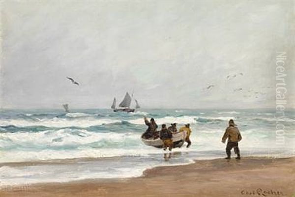 Fishermen On The Beach Oil Painting by Carl Ludvig Thilson Locher