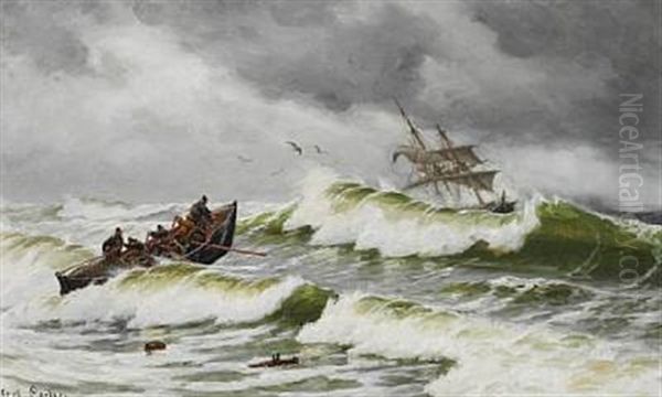 The Lifeboat Is On Its Way Out Into The Rough See To Rescue A Beached Ship Oil Painting by Carl Ludvig Thilson Locher