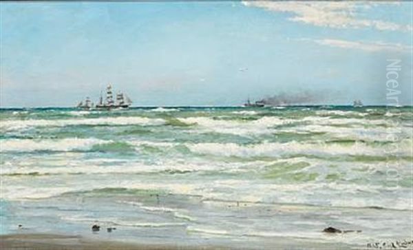 Summer Day With Ships On The Horizon Off Skagen Oil Painting by Carl Ludvig Thilson Locher