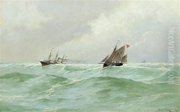 Seascape With Ships In Mountainous Seas Oil Painting by Carl Ludvig Thilson Locher