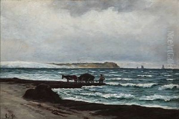 Beach Scene With A Seaweed Collector Oil Painting by Carl Ludvig Thilson Locher