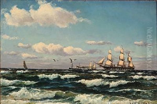 Breakers With Sailing Ships At Sea Oil Painting by Carl Ludvig Thilson Locher