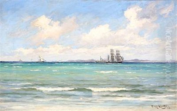 Coastal Scene From Hornbaek, Denmark With Sailing Ships Oil Painting by Carl Ludvig Thilson Locher