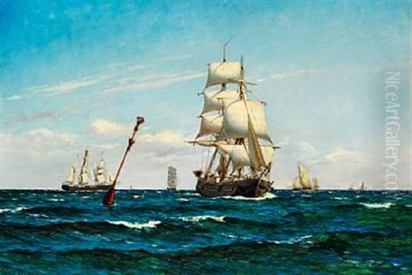 Numerous Sailing Ships At Sea Oil Painting by Carl Ludvig Thilson Locher