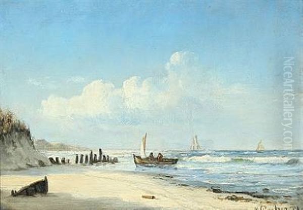 Seashore With Fishermen And A Wavebreaker Oil Painting by Carl Ludvig Thilson Locher