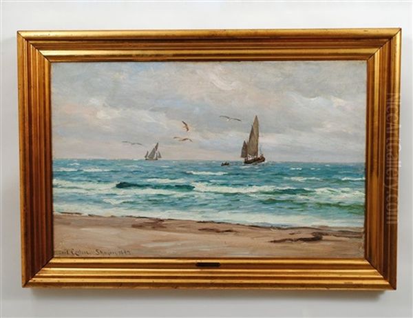 Sailing Vessels Off The Coast Oil Painting by Carl Ludvig Thilson Locher