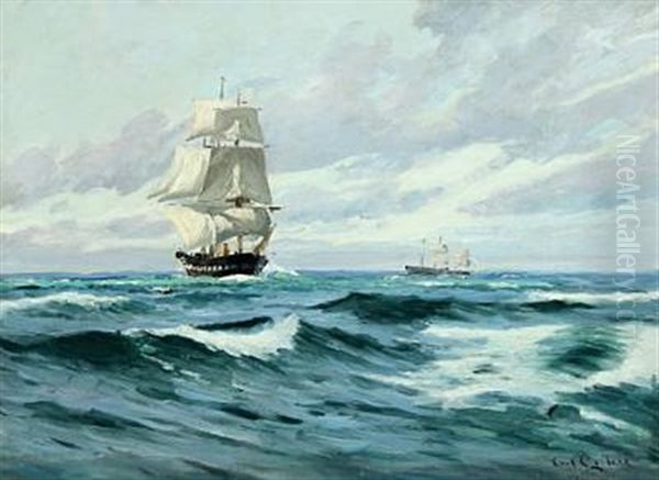 The Danish Frigate Jylland At Sea In Evening Light Oil Painting by Carl Ludvig Thilson Locher