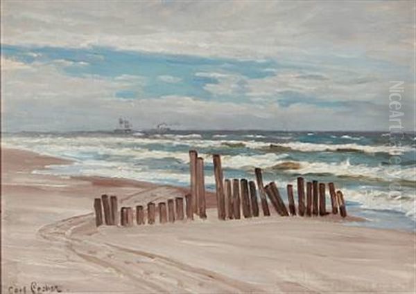 Seashore With A Breakwater Oil Painting by Carl Ludvig Thilson Locher